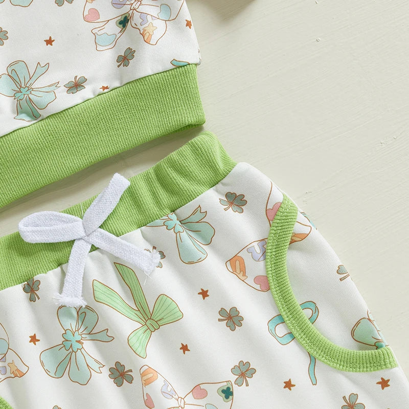 St. Patrick's Day Outfit Bow Four Leaf Clover Shamrock Sweatshirt and Matching Bottoms