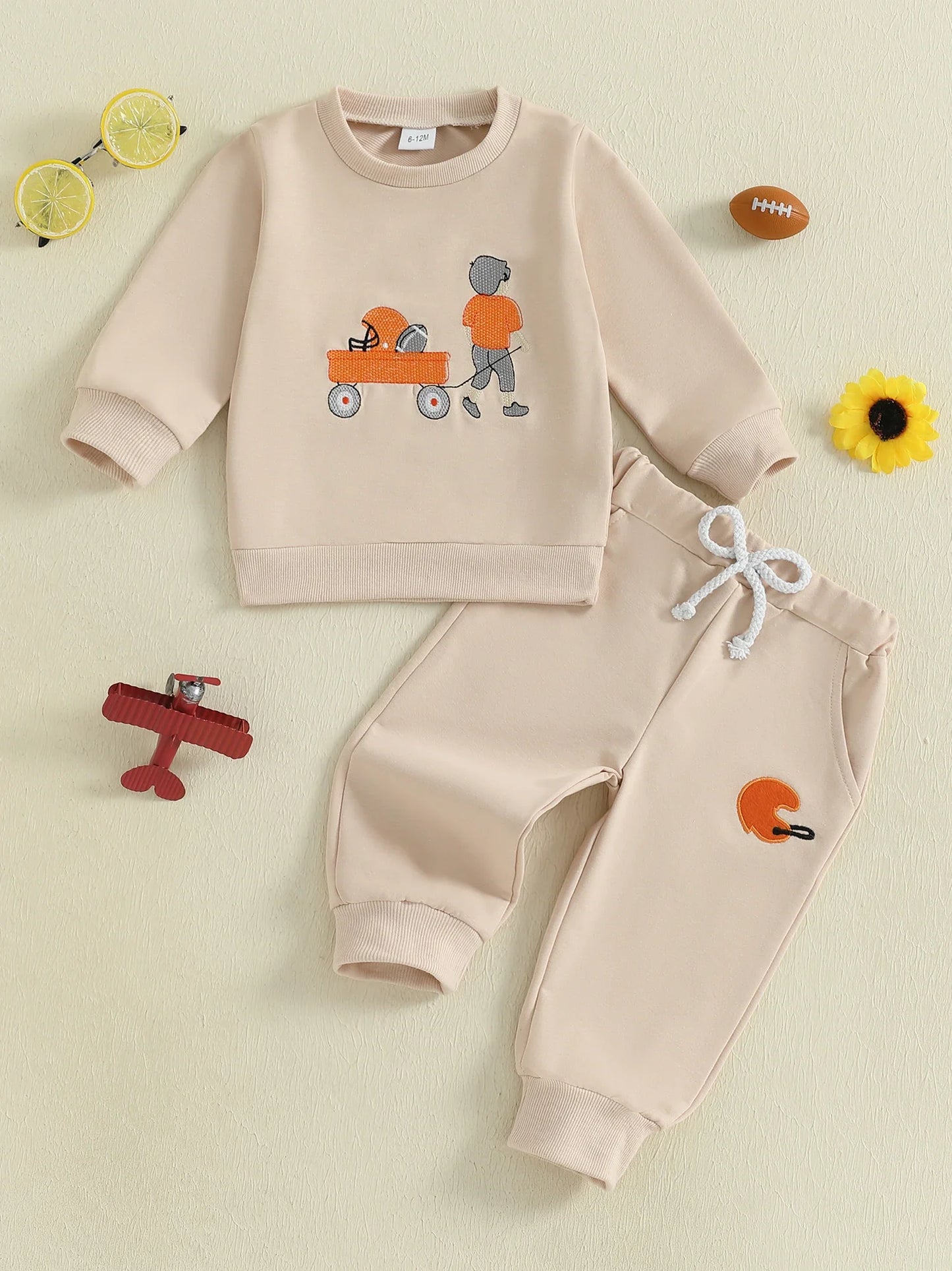 Autumn Long Sleeve Football Embroidery Top Drawstring Jogger Pants Set
