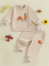 Autumn Long Sleeve Football Embroidery Top Drawstring Jogger Pants Set