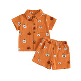 Little Man Halloween Pumpkin Button Down Top and Short Set
