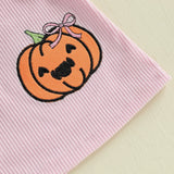 Baby Girls 3Pcs Halloween Outfit Pumpkin Print Long Sleeves Romper and Overall Tank Dress Bow Headband Set