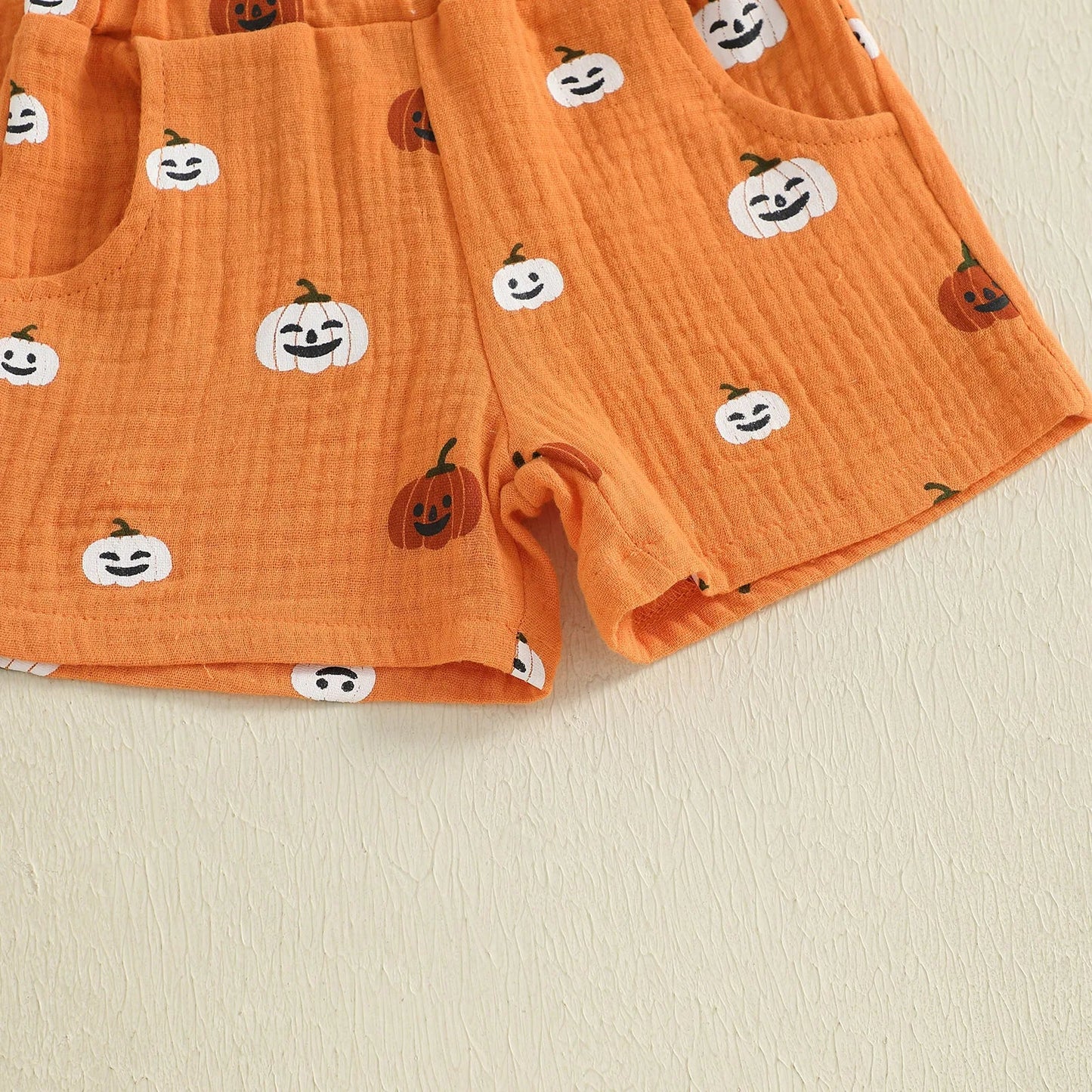 Little Man Halloween Pumpkin Button Down Top and Short Set