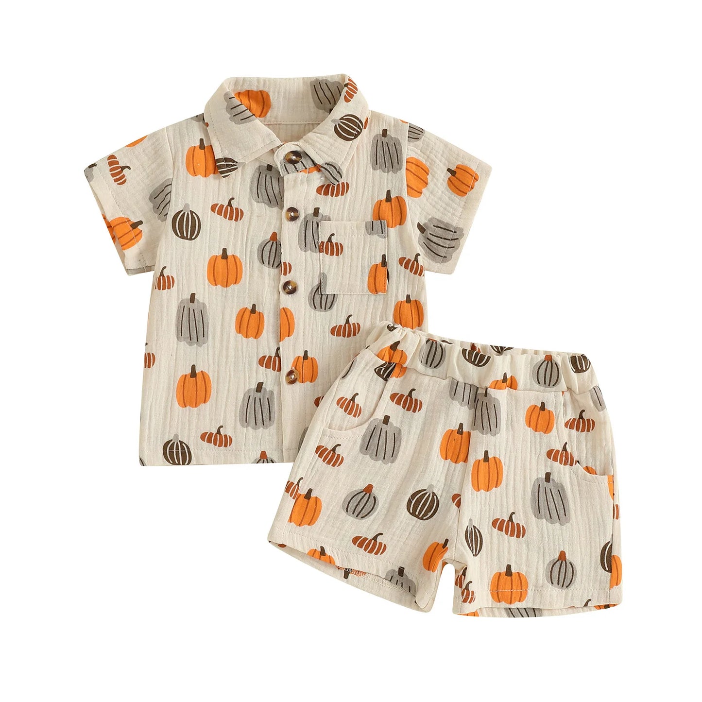 Little Man Halloween Pumpkin Button Down Top and Short Set