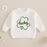Baby Toddler Kids Boys Girls Lucky Knit Sweater Long Sleeve Round Neck Shamrock Letter Embroidery Pullover Spring St. Patrick's Day Top