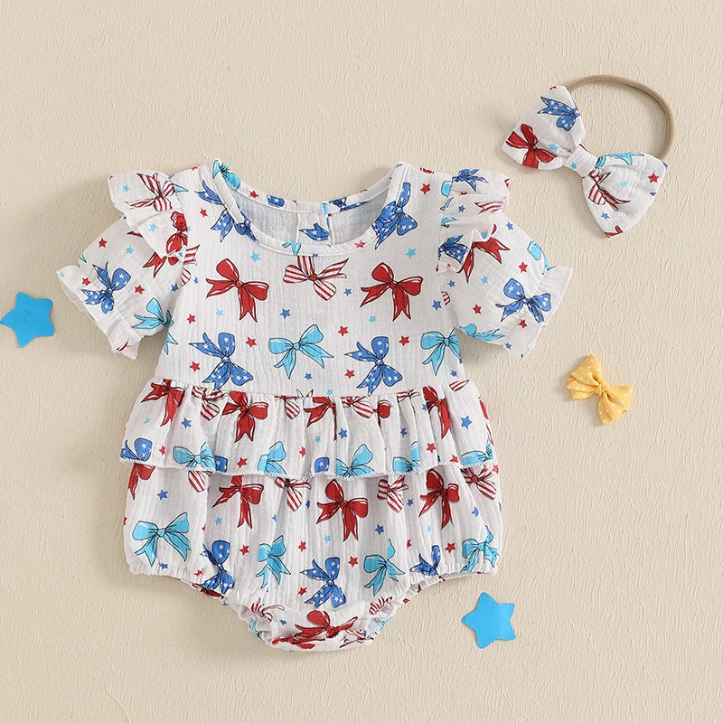4th of July Bows or Stars And Stripes Romper and Headband Bow
