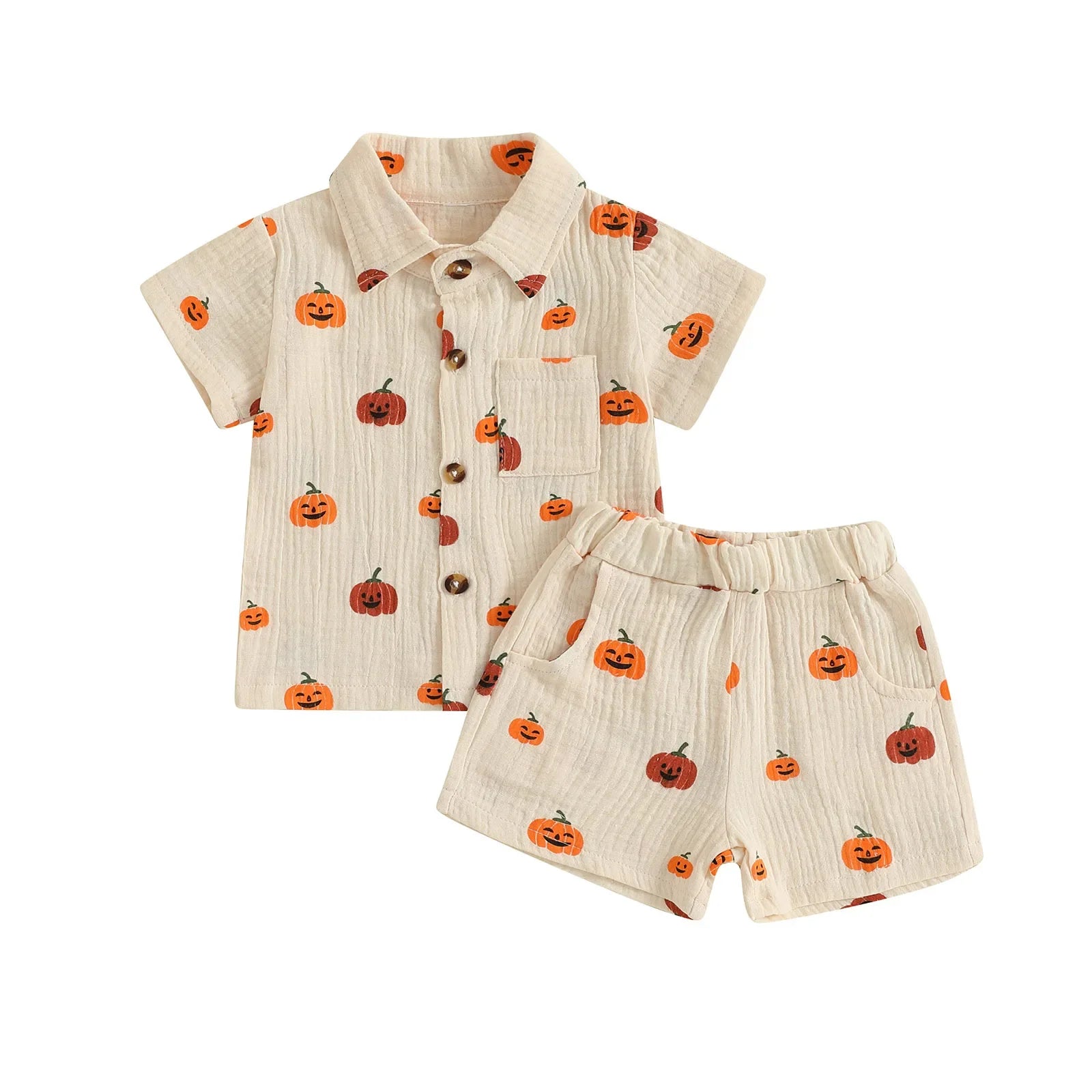 Little Man Halloween Pumpkin Button Down Top and Short Set