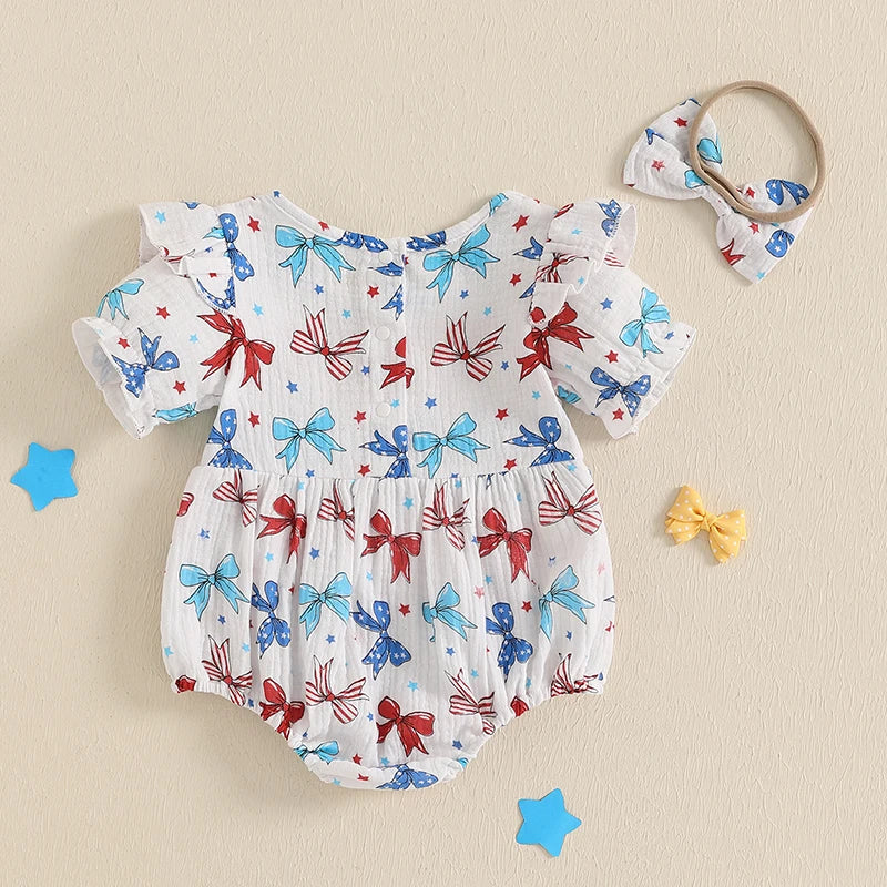 4th of July Bows or Stars And Stripes Romper and Headband Bow