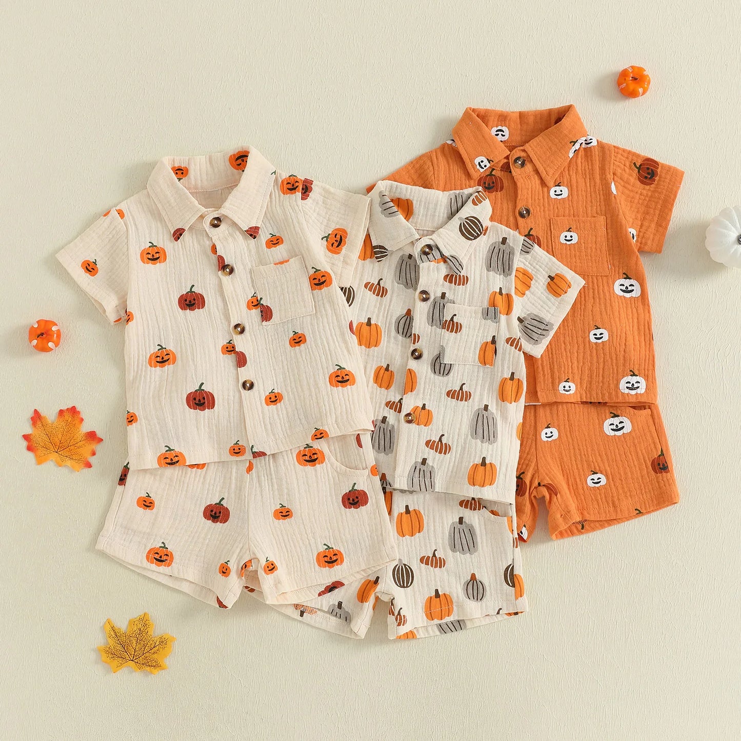 Little Man Halloween Pumpkin Button Down Top and Short Set