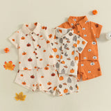 Little Man Halloween Pumpkin Button Down Top and Short Set