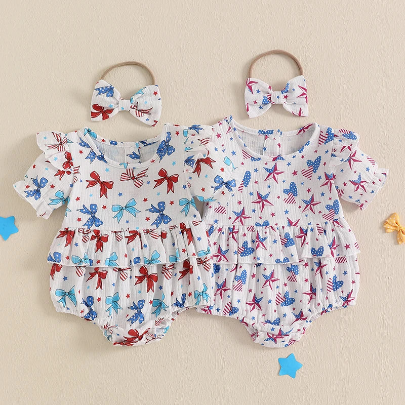 4th of July Bows or Stars And Stripes Romper and Headband Bow