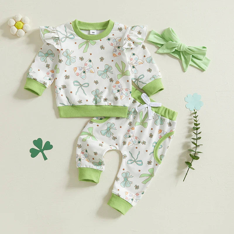 St. Patrick's Day Outfit Bow Four Leaf Clover Shamrock Sweatshirt and Matching Bottoms