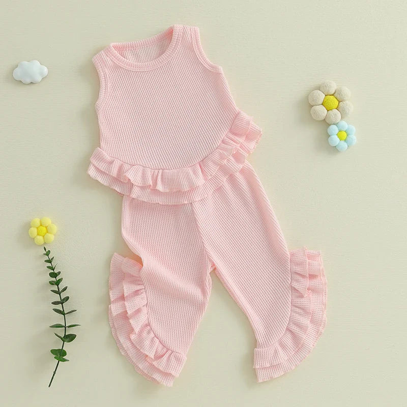 Color Match Ruffle Tank Top and Bell Bottom Set