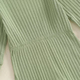 Baby Girls 2Pcs Fall Outfit Long Sleeve Round Neck Ribbed Full Leg Jumpsuit with Headband Set