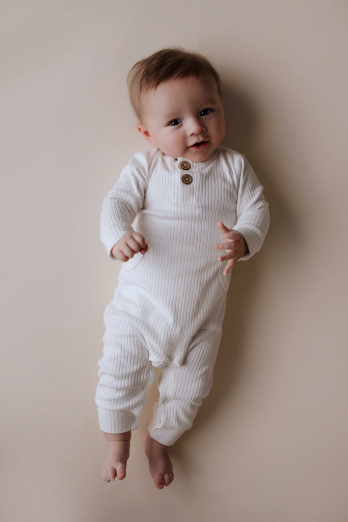 White Baby Ribbed Playsuit with pockets