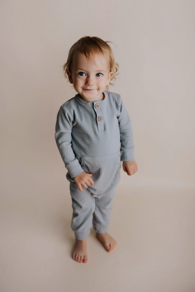 Blissful Blue Baby Ribbed Playsuit with pockets