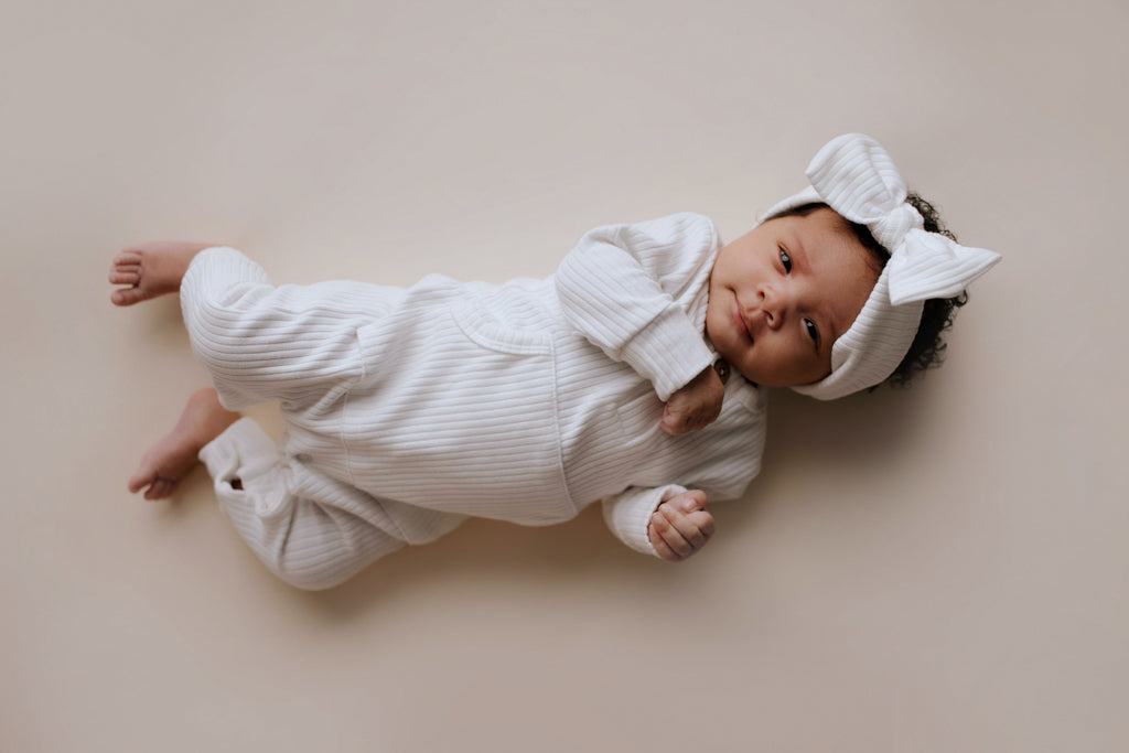 White Baby Ribbed Playsuit with pockets