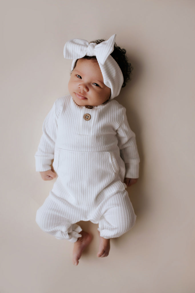 White Baby Ribbed Playsuit with pockets