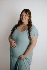 Ribbed Blue Bird Mommy & Me Matching Labor Gown and Newborn Knotted Baby Gown