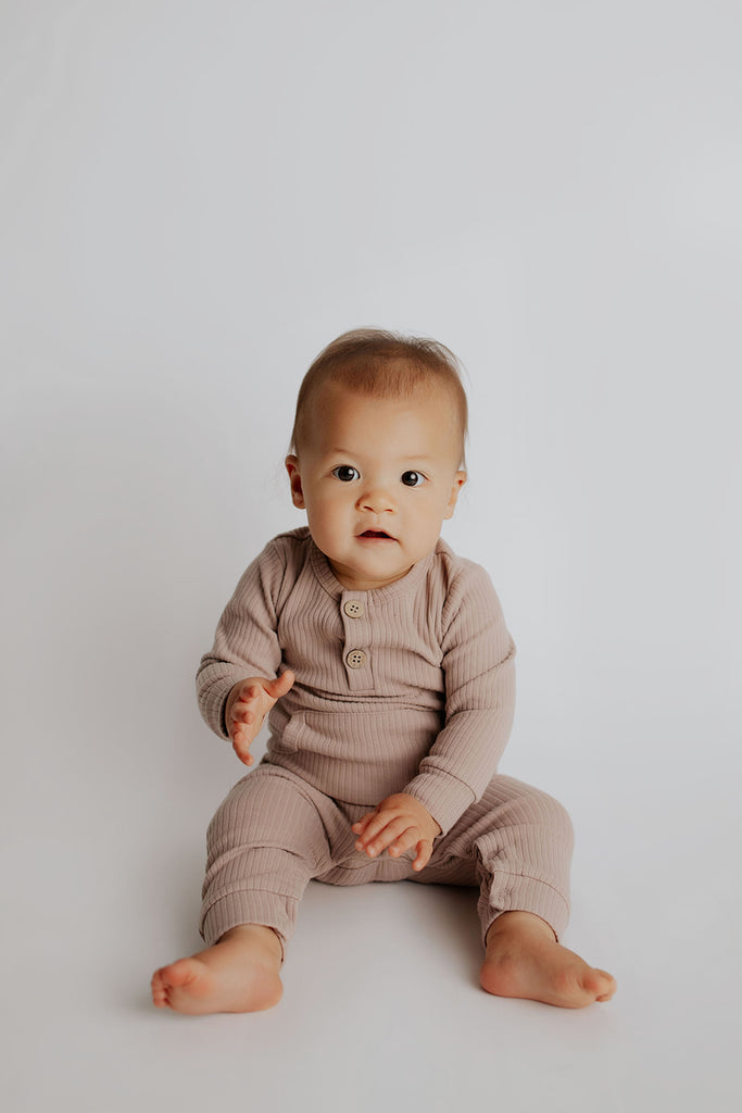 Mauve Baby Ribbed Playsuit with pockets