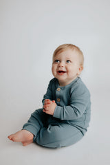 Storm Blue Baby Ribbed Playsuit with pockets