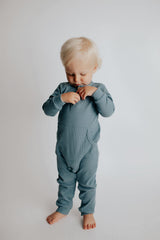 Storm Blue Baby Ribbed Playsuit with pockets