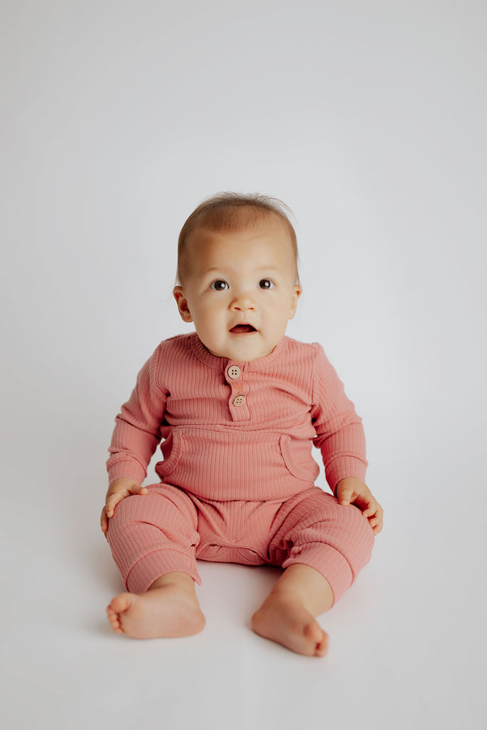 Precious Pink Baby Ribbed Playsuit with pockets