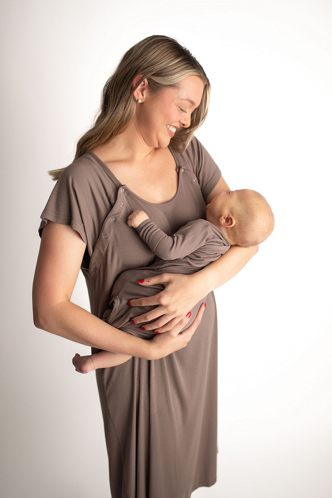 Ribbed Cocoa Brown Mommy & Me Matching Labor Gown and Newborn Knotted Baby Gown