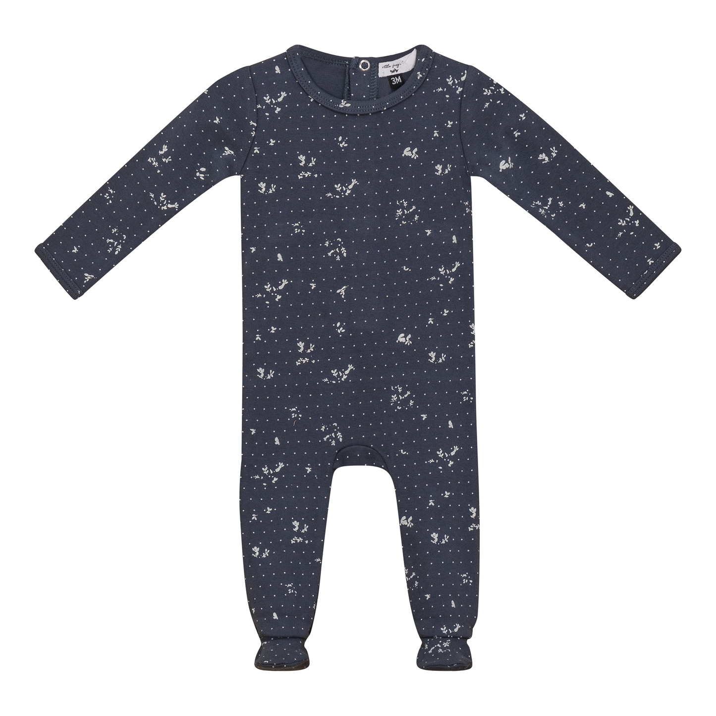 Navy baby onesie with white pattern on a white background