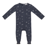 Navy baby onesie with white pattern on a white background