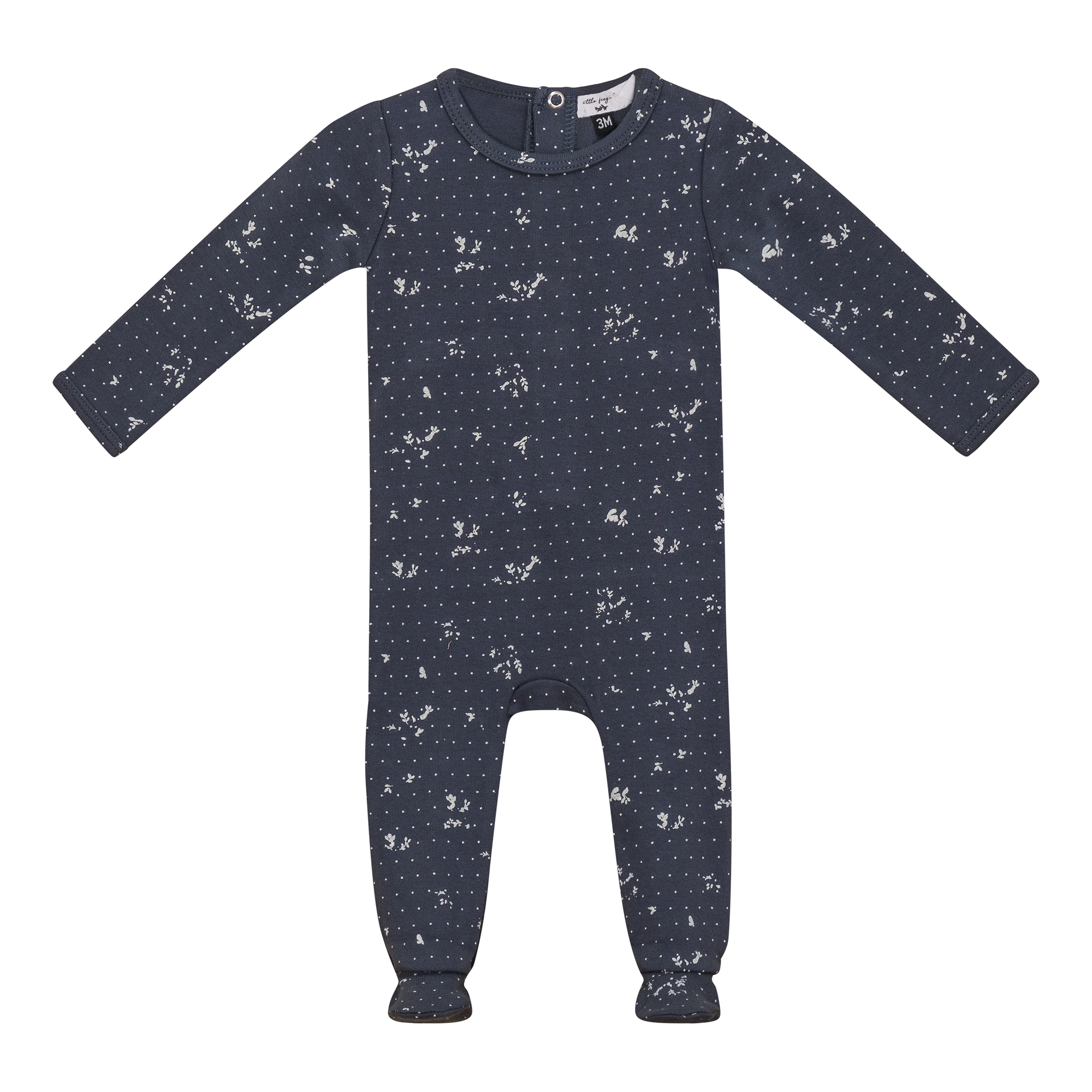 Navy baby onesie with white pattern on a white background