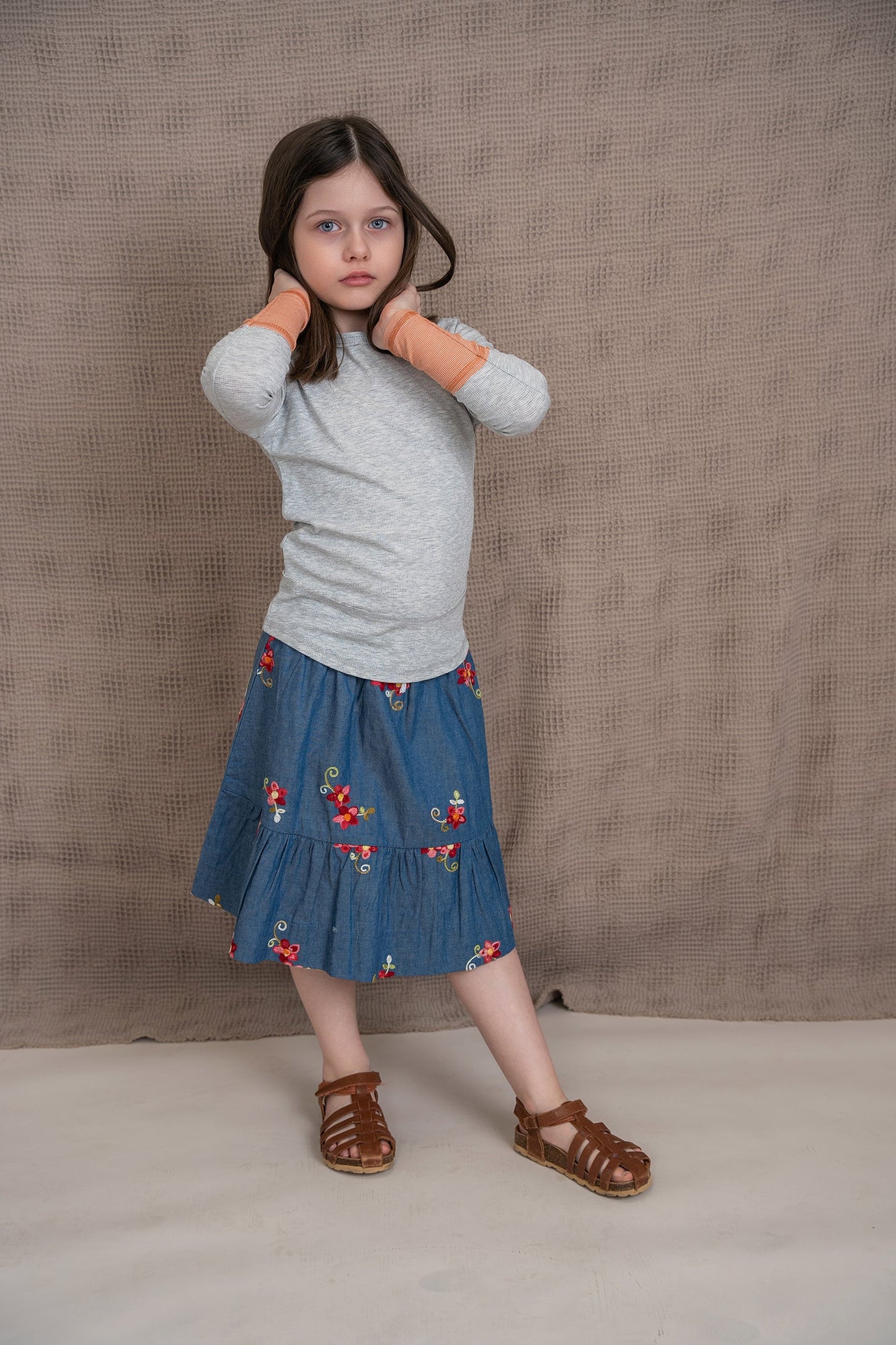 Woven Denim Flower Embroidered Skirt