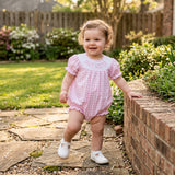 Short sleeves pink plaid baby sister smocked girls romper
