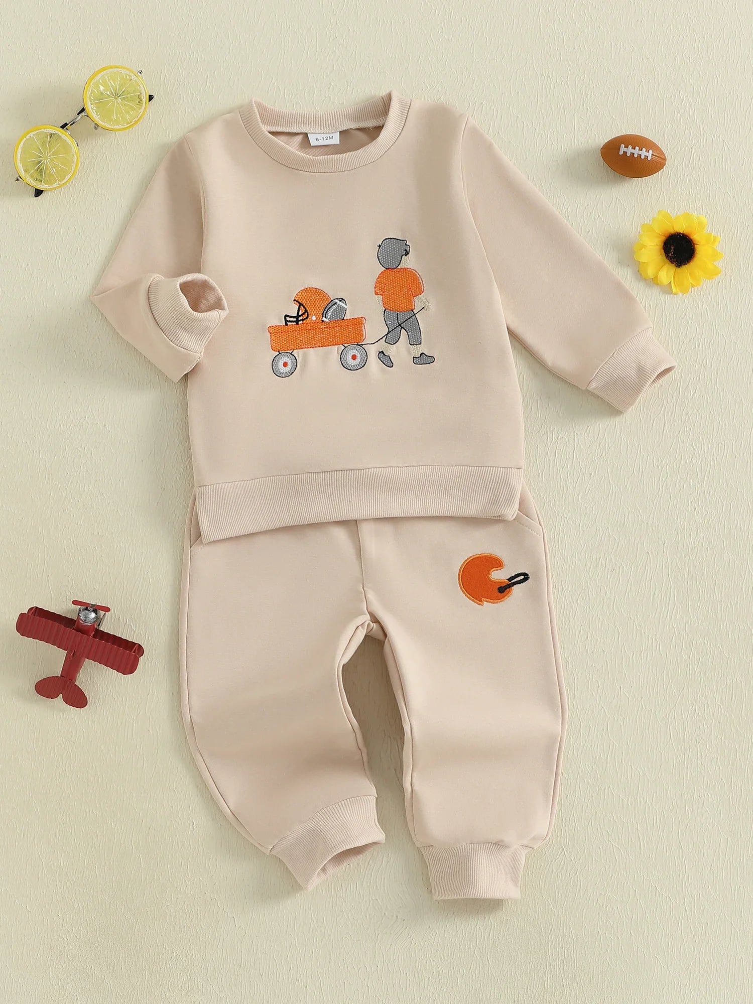 Autumn Long Sleeve Football Embroidery Top Drawstring Jogger Pants Set