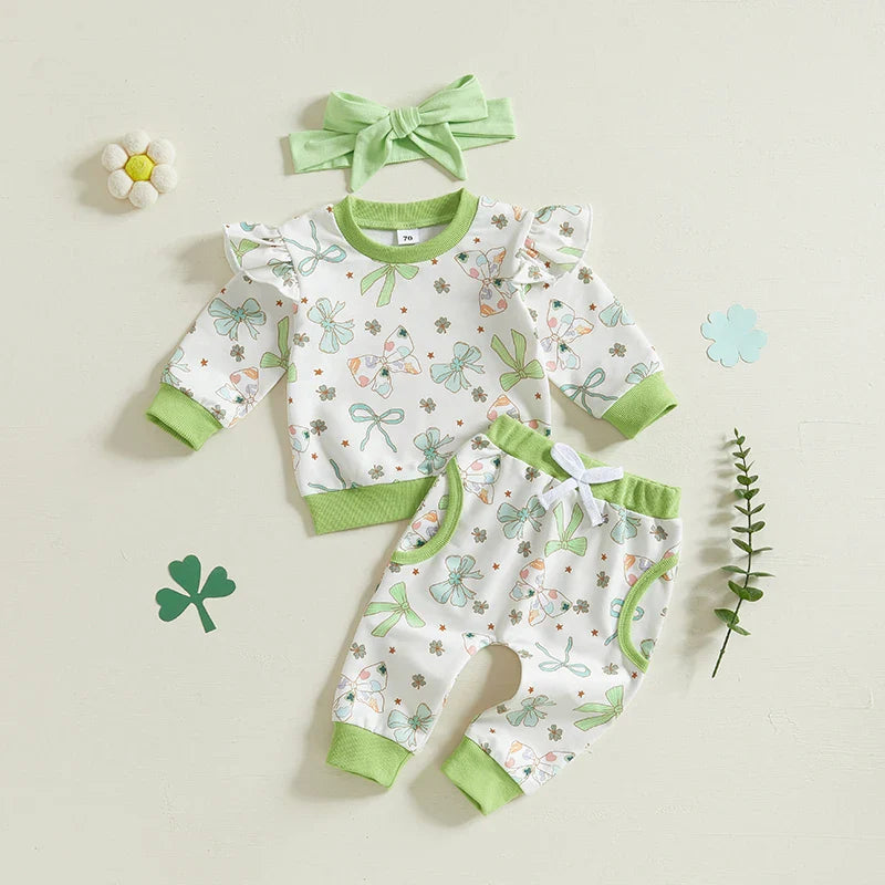 St. Patrick's Day Outfit Bow Four Leaf Clover Shamrock Sweatshirt and Matching Bottoms