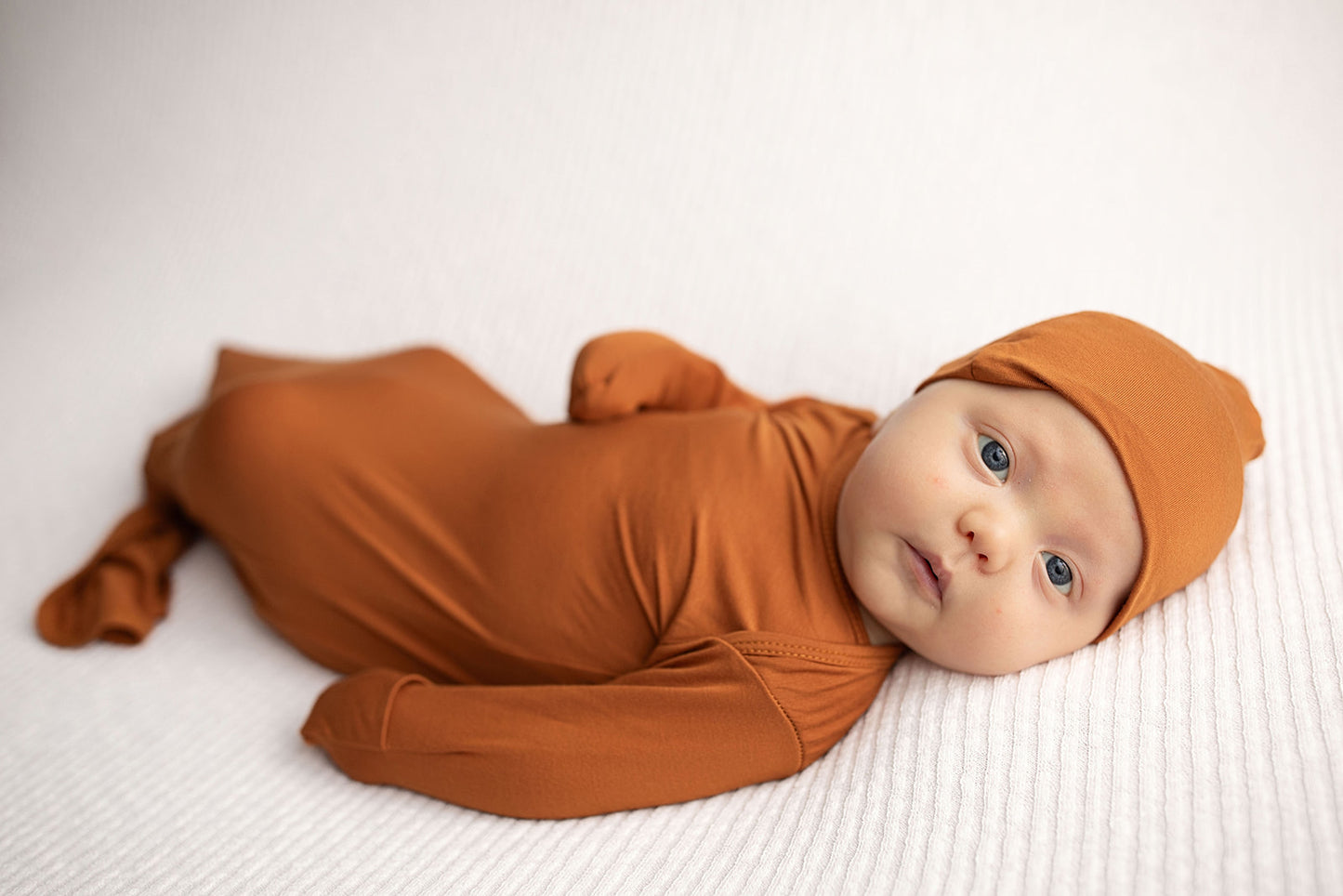 Three Little Tots Knotted baby gown saddle longhorn orange. The top knotted baby gown. Ultra soft bamboo like knotted baby gown