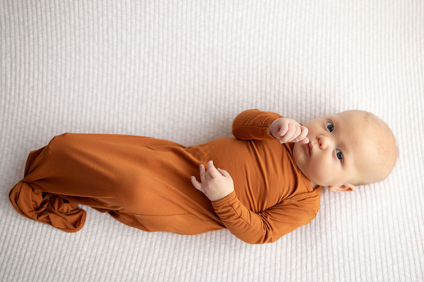 Three Little Tots Knotted baby gown saddle longhorn orange. The top knotted baby gown. Ultra soft bamboo like knotted baby gown