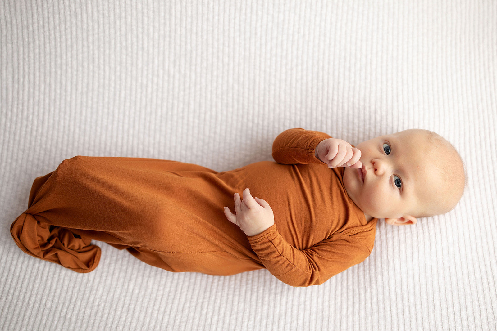 Three Little Tots Knotted baby gown saddle longhorn orange. The top knotted baby gown. Ultra soft bamboo like knotted baby gown