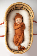 Three Little Tots Knotted baby gown saddle longhorn orange. The top knotted baby gown. Ultra soft bamboo like knotted baby gown