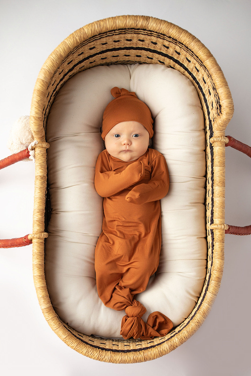 Three Little Tots Knotted baby gown saddle longhorn orange. The top knotted baby gown. Ultra soft bamboo like knotted baby gown