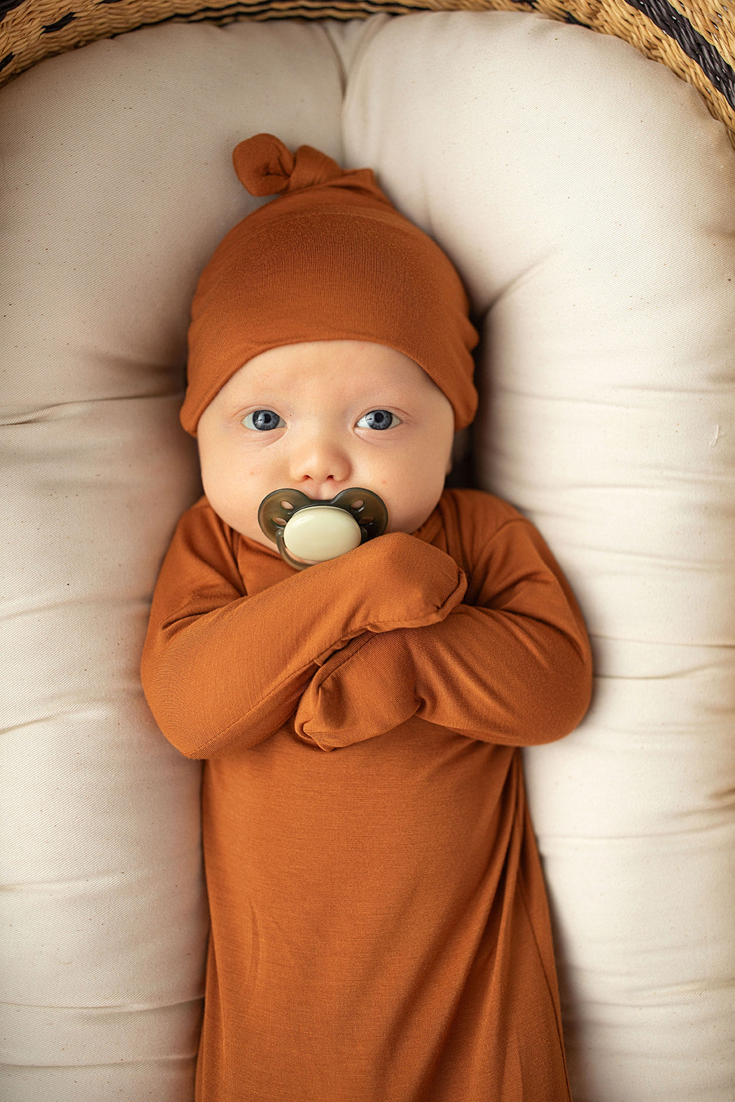 Three Little Tots Knotted baby gown saddle longhorn orange. The top knotted baby gown. Ultra soft bamboo like knotted baby gown