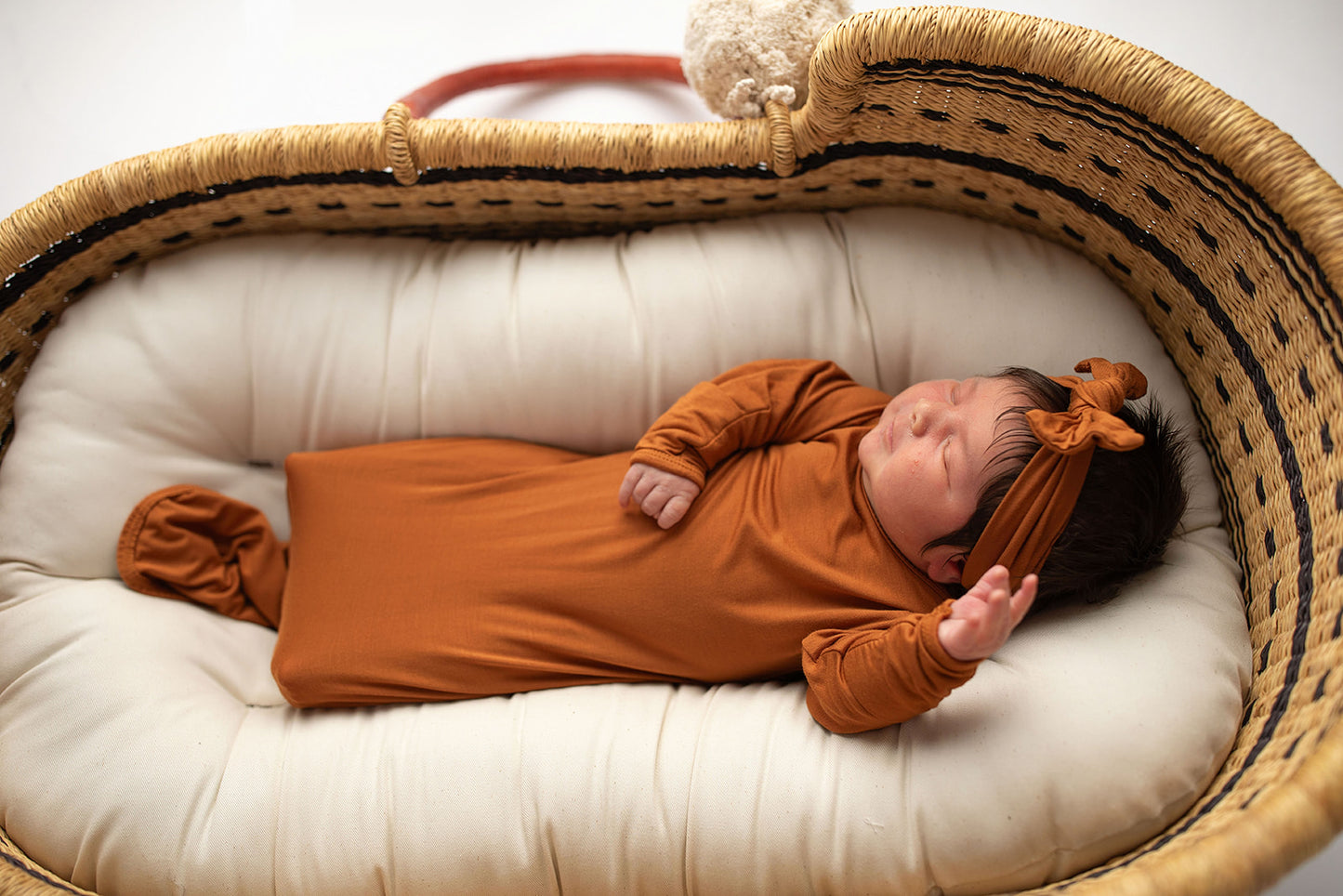 Three Little Tots Knotted baby gown saddle longhorn orange. The top knotted baby gown. Ultra soft bamboo like knotted baby gown