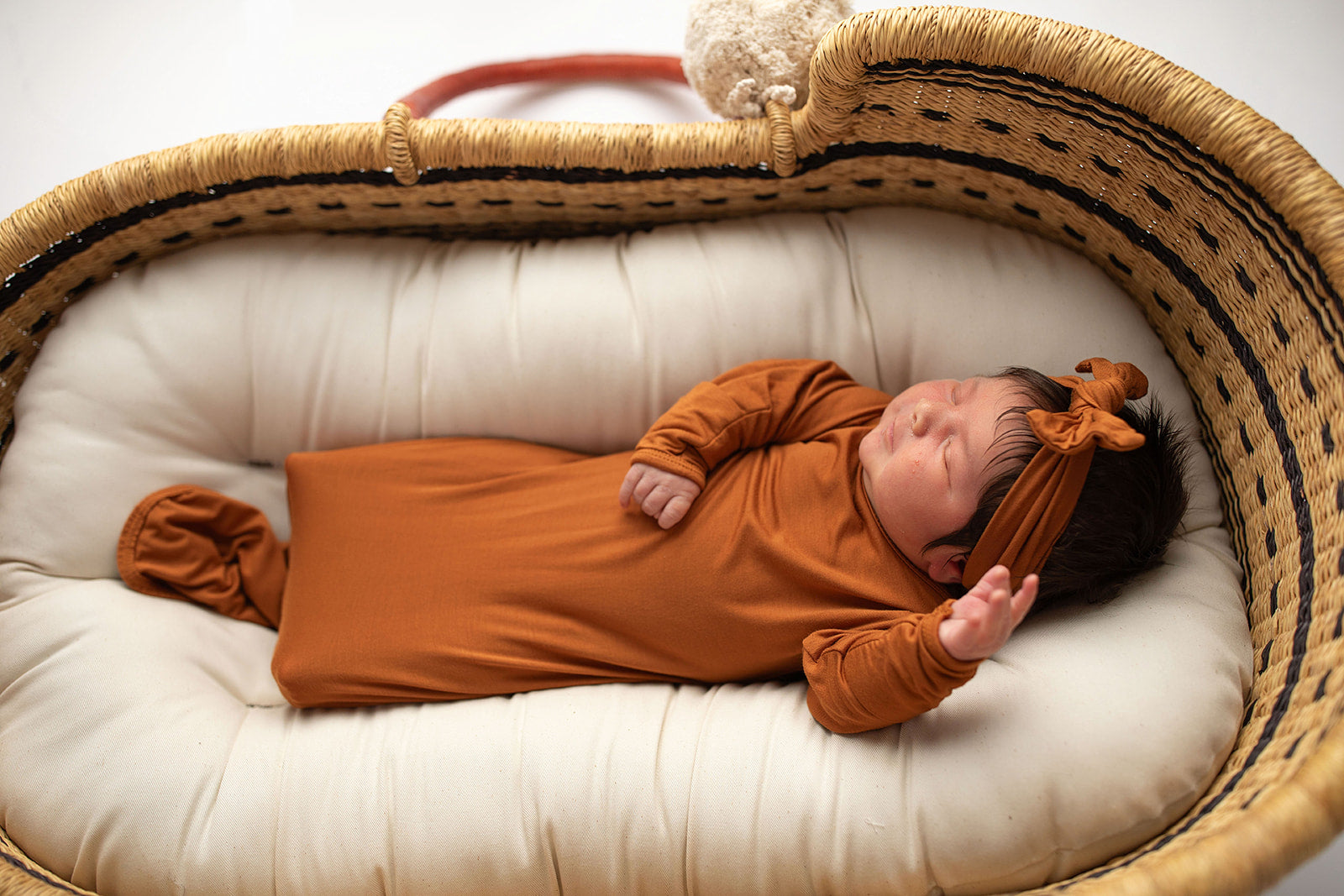 Three Little Tots Knotted baby gown saddle longhorn orange. The top knotted baby gown. Ultra soft bamboo like knotted baby gown