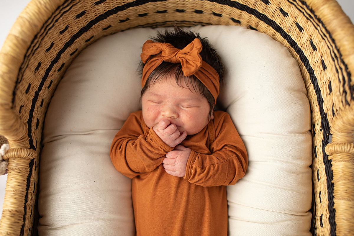 Three Little Tots Knotted baby gown saddle longhorn orange. The top knotted baby gown. Ultra soft bamboo like knotted baby gown