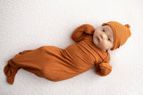 Three Little Tots Knotted baby gown saddle longhorn orange. The top knotted baby gown. Ultra soft bamboo like knotted baby gown