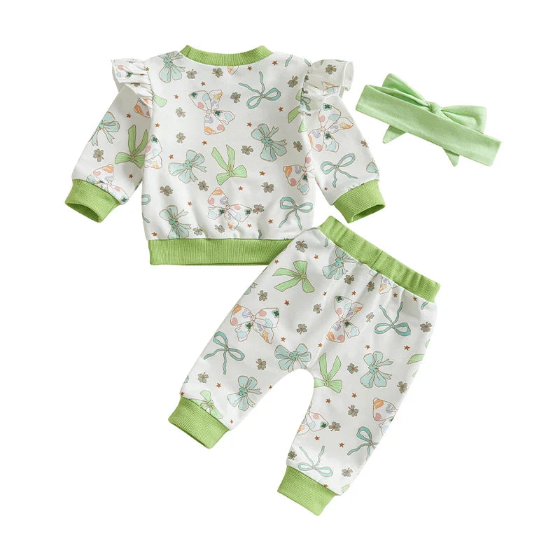 St. Patrick's Day Outfit Bow Four Leaf Clover Shamrock Sweatshirt and Matching Bottoms