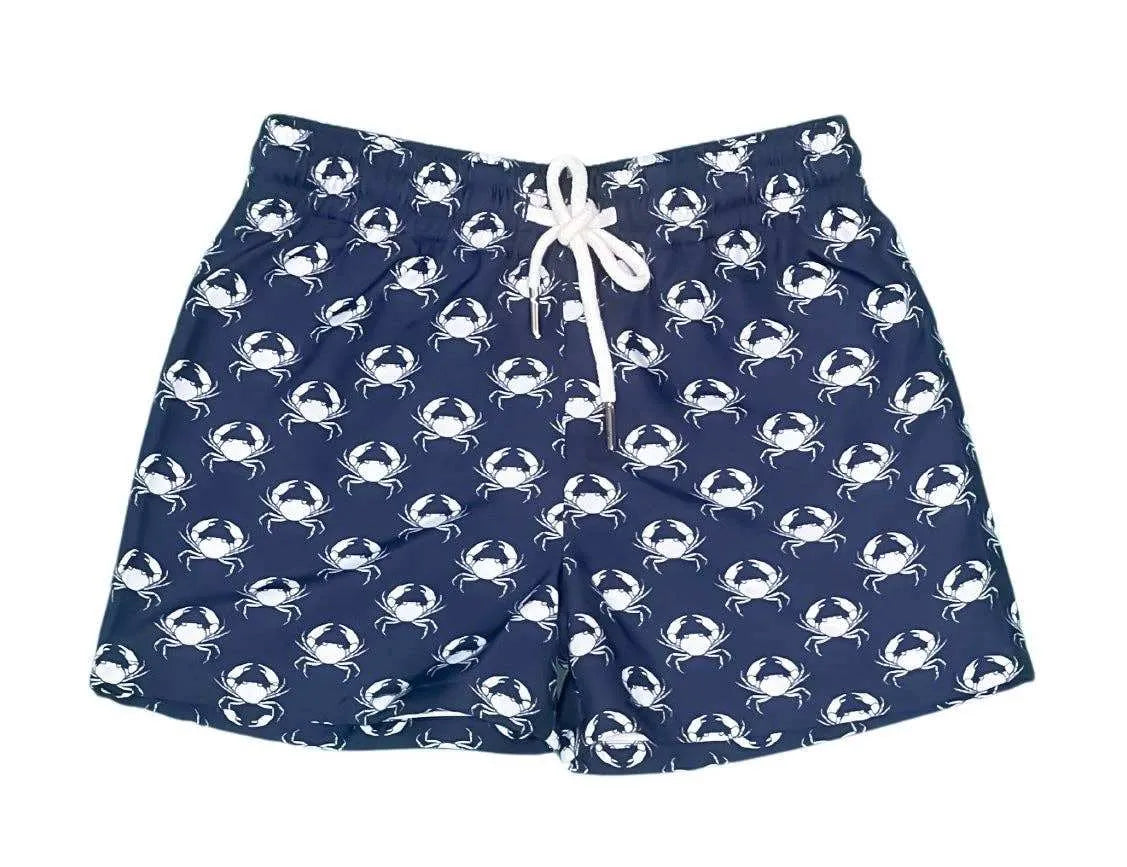 Three Little Tots Saltwater Boys Company - Saint Simons Shorties UPF 50 Navy white Crabs Boys Swim Trunks