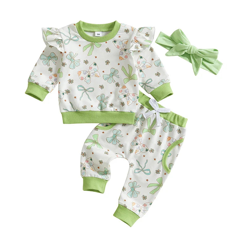 St. Patrick's Day Outfit Bow Four Leaf Clover Shamrock Sweatshirt and Matching Bottoms