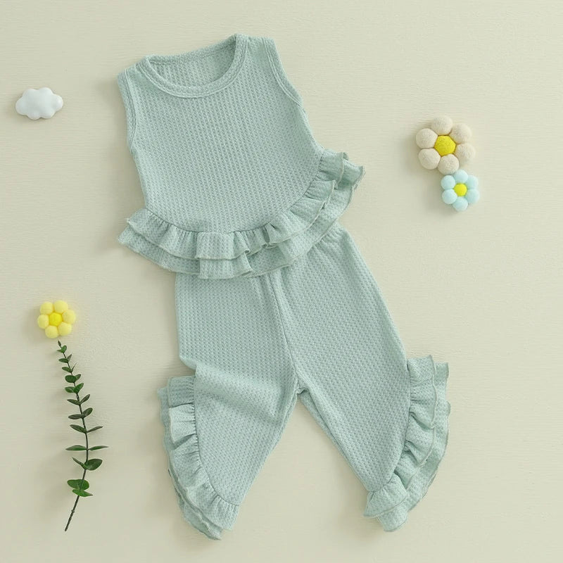 Color Match Ruffle Tank Top and Bell Bottom Set