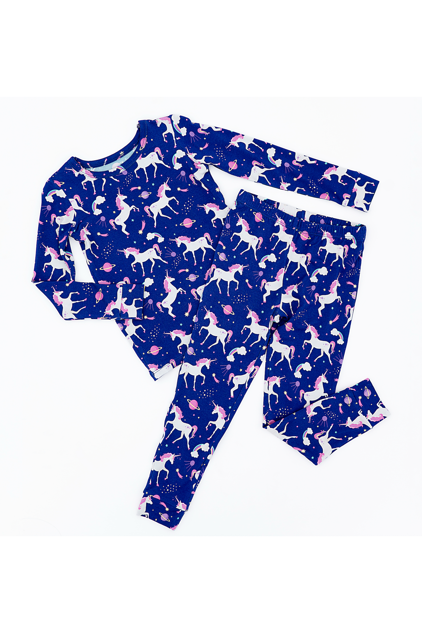 Navy blue pajama set with pink and white animal pattern on a white background
