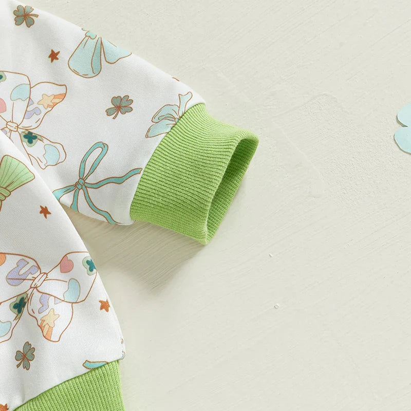 St. Patrick's Day Outfit Bow Four Leaf Clover Shamrock Sweatshirt and Matching Bottoms